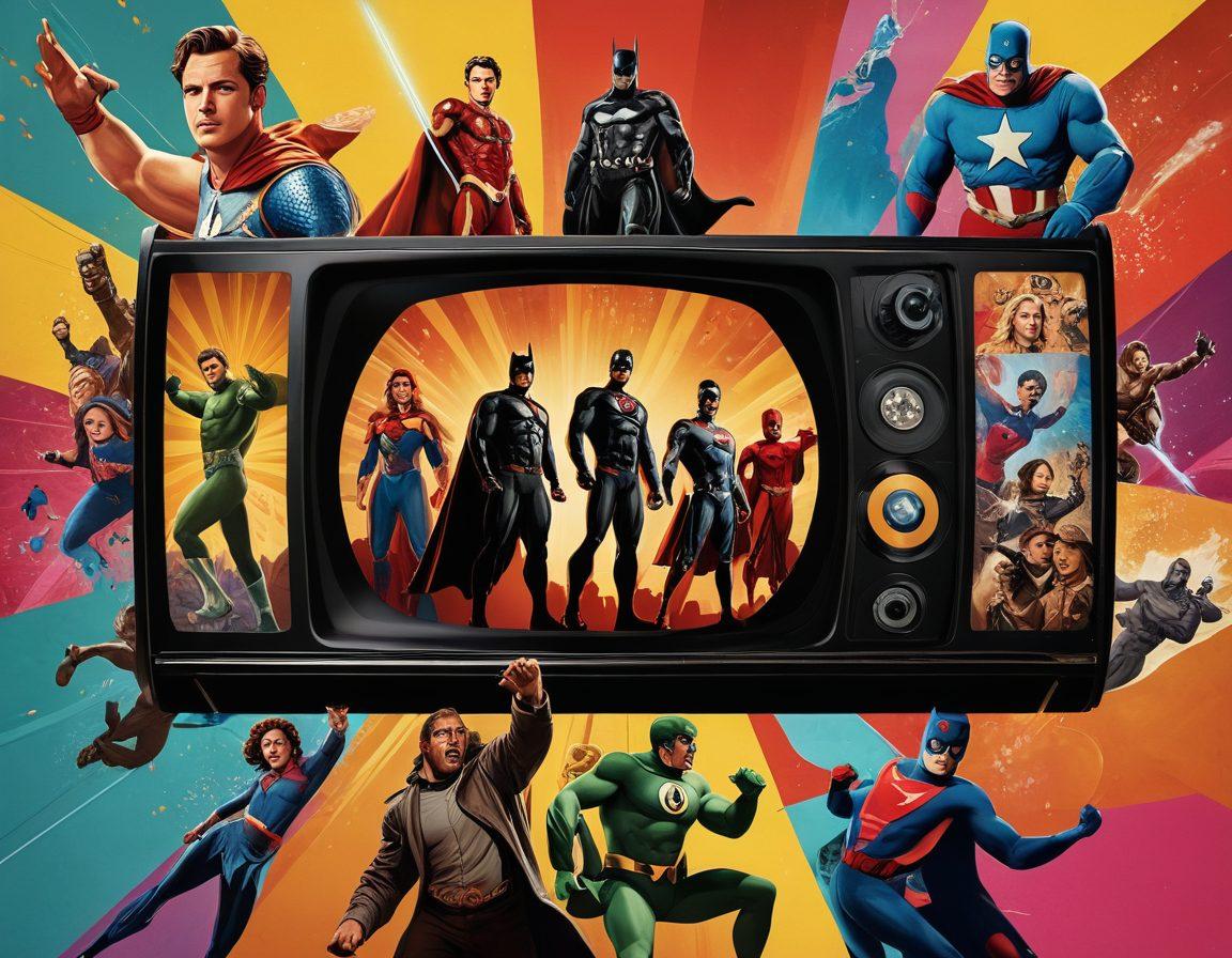 A dynamic collage showcasing iconic blockbuster movie scenes transitioning into popular streaming show moments. Include a vintage cinema reel on one side and a modern streaming device on the other, surrounded by diverse characters in action. Bright colors and a sense of movement should convey the evolution of viewing experiences. super-realistic. vibrant colors. cinematic aesthetic.