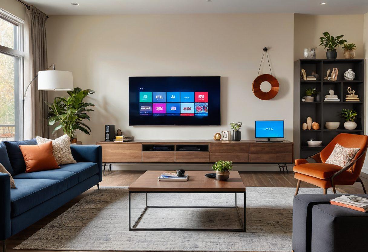 A cozy living room with a large flat-screen TV displaying various streaming platforms, surrounded by plush seating, snacks, and warm ambient lighting. Include modern tech gadgets like a streaming device and smart speakers on a stylish coffee table. In the background, show vibrant wall art that represents various media genres. Super-realistic. Warm colors. Minimalistic design.